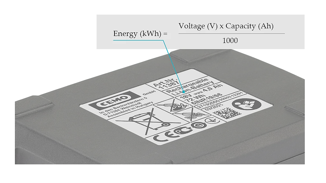 Energy (kWh) = Voltage (V) x Capacity (Ah) / 1000